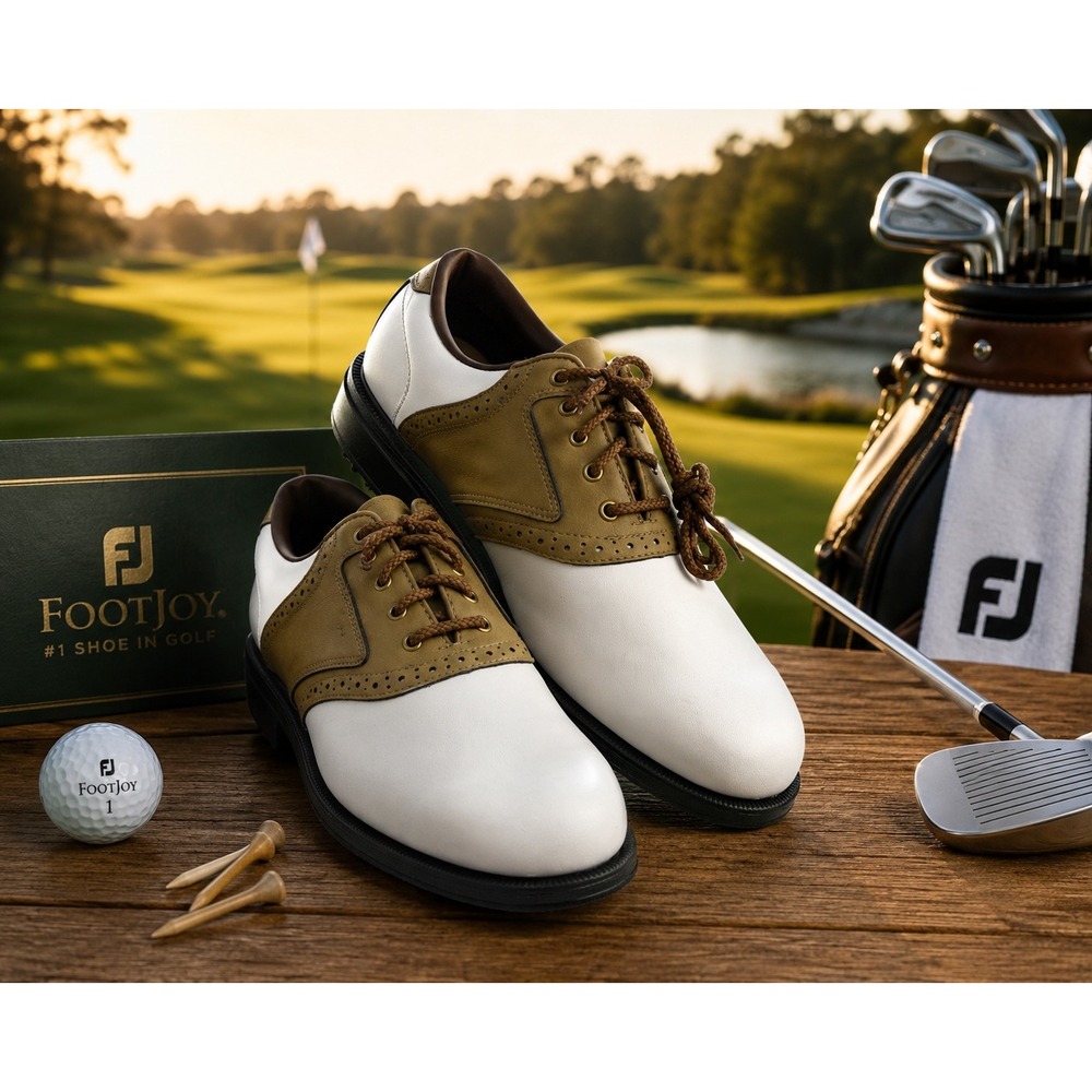 FootJoy Men's White Tan Saddle Golf Shoes Leather Oxford Classic Size 10